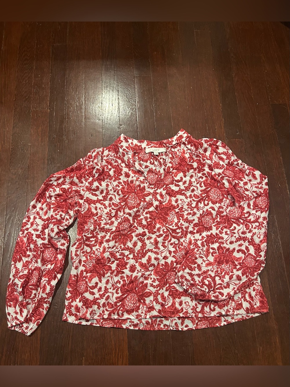 LOFT Red and White Floral V-Neck Sweater